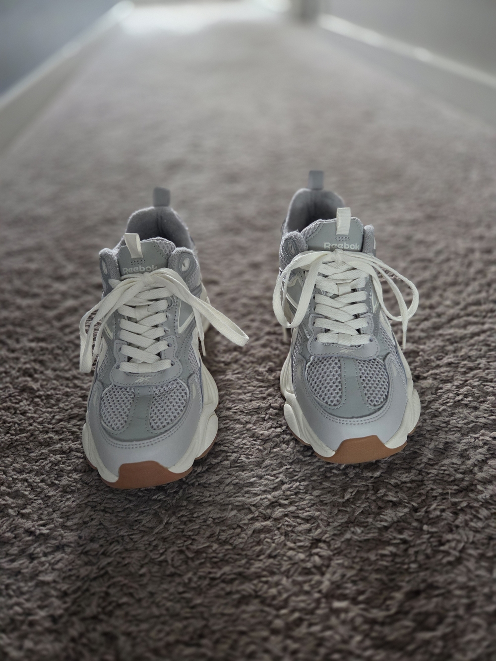 Reebok Gray and Cream Chunky Sneakers with Tan Toe